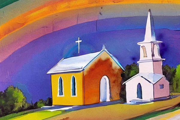 Painting of a rainbow over a church