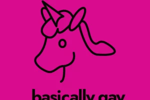 Basically Gay Logo A black minimalist unicorn on a pink ish background.