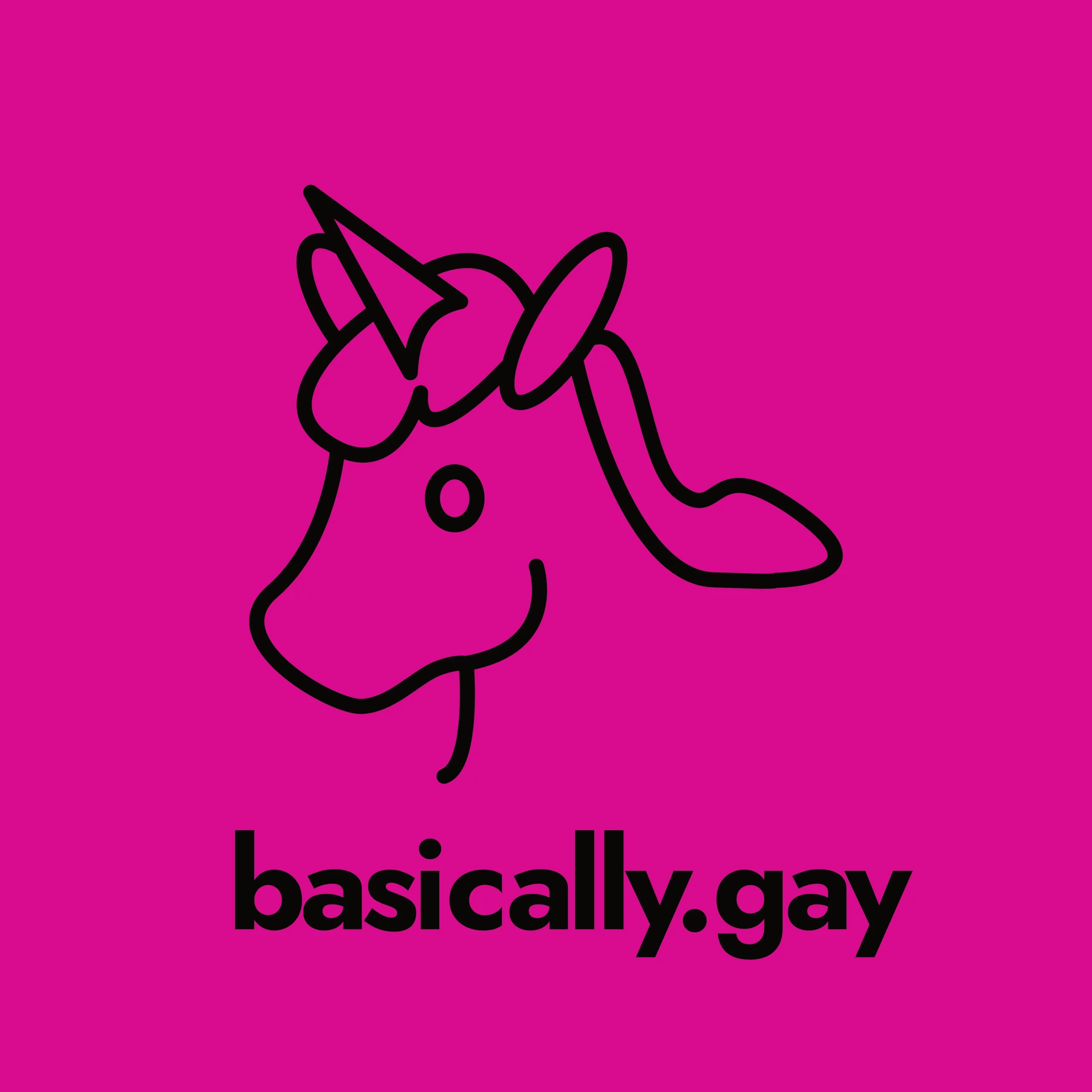 Basically Gay Logo A black minimalist unicorn on a pink ish background.